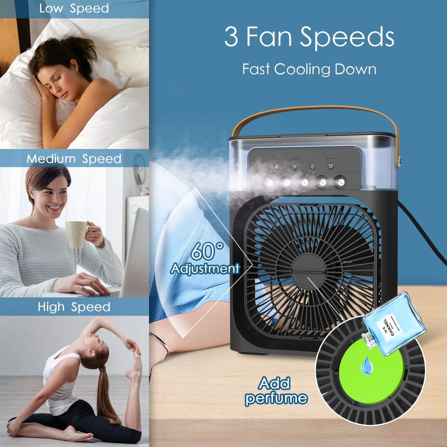 BreezeCool 3 en 1: Ventilador, Enfriador y Humidificador LED